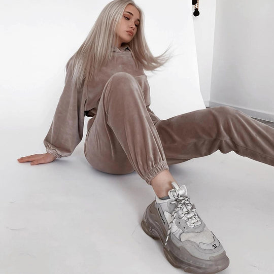Damen Samt-Cropped-Loungewear-Set mit Kapuzenpullover und elastischer High-Waist-Jogginghose EB