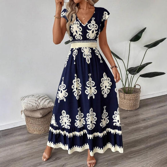 Damen Maxikleid mit V-Ausschnitt und einzigartigem floralem Design EB
