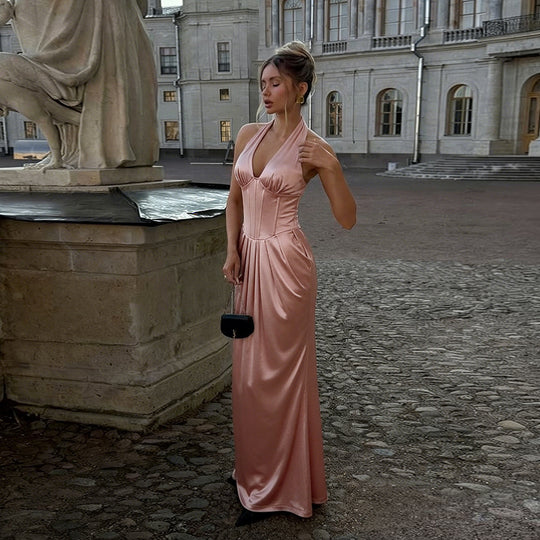 Damen elegantes Maxikleid mit feinem V-Ausschnitt und tailliertem Design EB