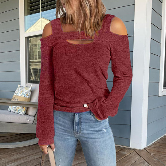 Damen modisches Longsleeve-Top mit Cut-Out-Details und Schulterfreiem Design EB