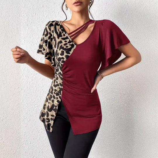 Damen nan asymmetrische Stretch-Tunika mit Leopardenprint-Seiteneinsatz und Mehrfachträgern EB