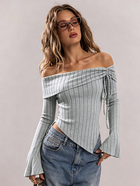 Damen schulterfreies geripptes Strick-Top mit asymmetrischem Zipfelsaum und Schnürdetail Eichborn Berlin