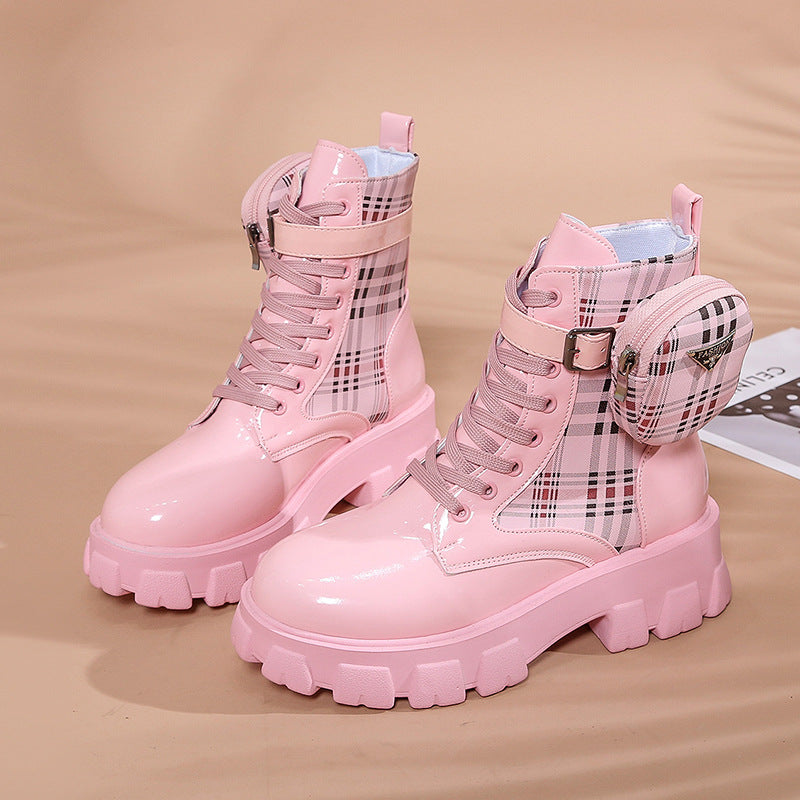 Damen modische Schnürstiefel mit seitlicher Tasche und blockartigem Absatz EB