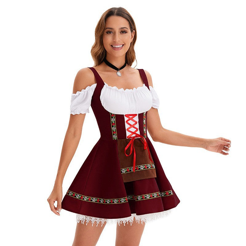 Damen nan kurzes Trachtenkleid im Dirndlstil mit Schnürung, schulterfreiem Carmen-Ausschnitt und Zierschürze EB
