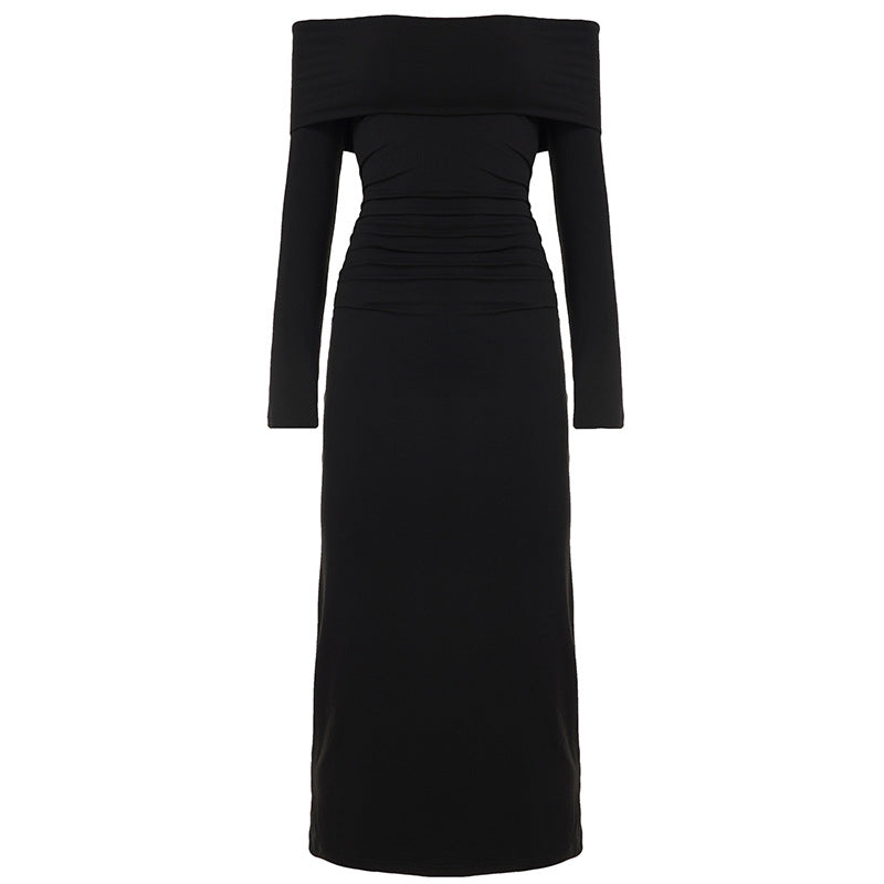 Damen nan figurbetontes Off-Shoulder-Maxikleid mit langen Ärmeln und Kontrastpaspeln EB