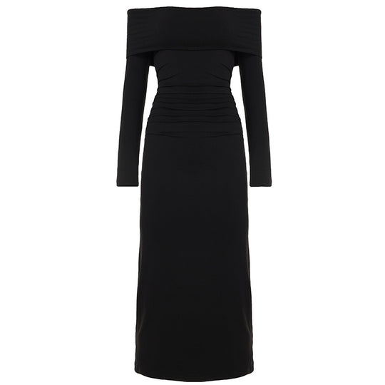 Damen nan figurbetontes Off-Shoulder-Maxikleid mit langen Ärmeln und Kontrastpaspeln EB
