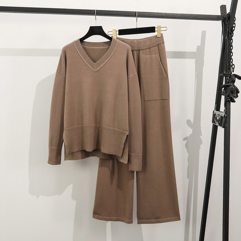 Damen lässiges Strick-Loungewear-Set mit tiefem V-Ausschnitt und praktischen Taschen EB