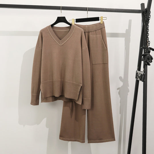 Damen lässiges Strick-Loungewear-Set mit tiefem V-Ausschnitt und praktischen Taschen EB