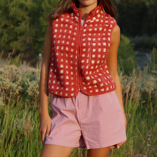 Damen Wendemantel aus kuscheligem Sherpa-Material mit stylishen Karomuster EB