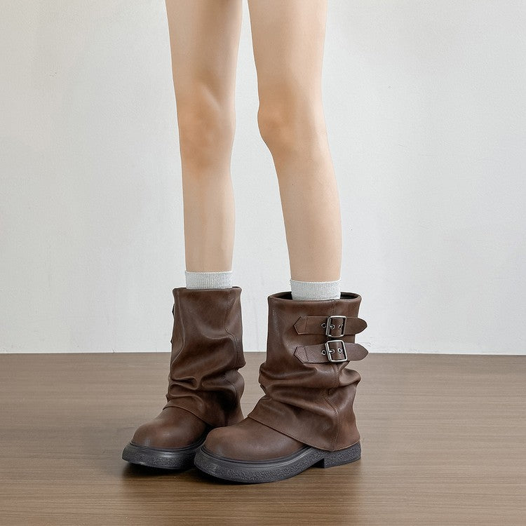 Damen modische Winterstiefel mit modischem Falten-Design und dekorativen Schnallen EB