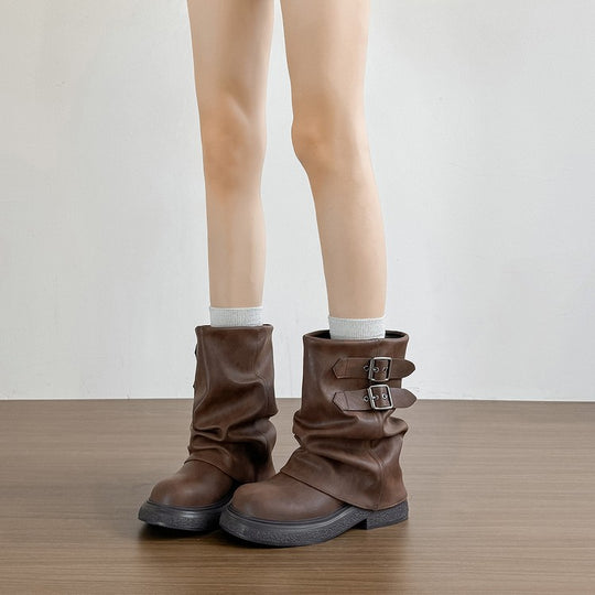 Damen modische Winterstiefel mit modischem Falten-Design und dekorativen Schnallen EB