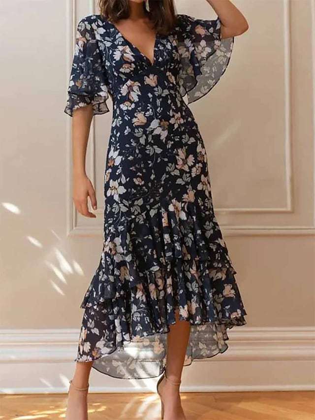 Damen Maxikleid mit voluminösen Ärmeln und floralem Design EB