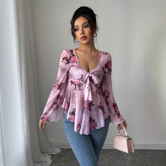 Damen luftige Bluse mit Blumenmuster EB