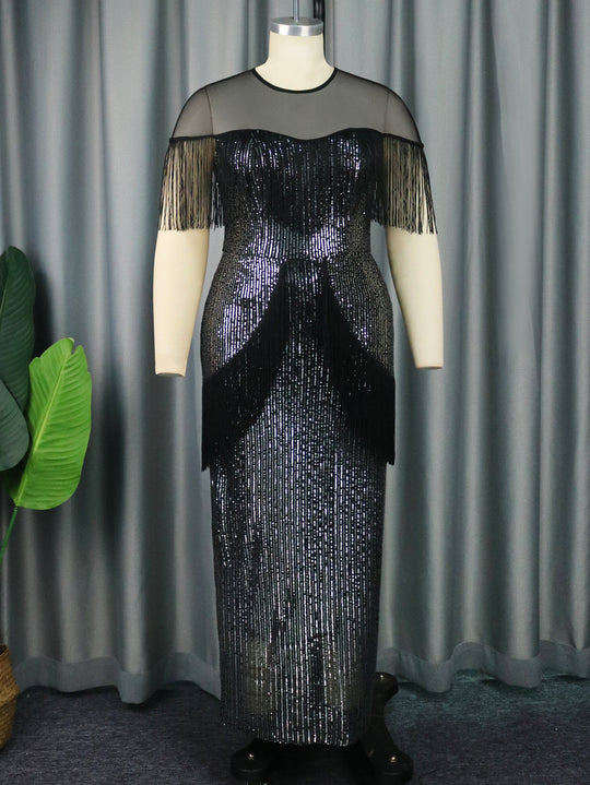 Damen Glamouröses Abendkleid mit Fransen und schimmerndem Obermaterial EB