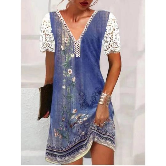 Damen Leichtes Sommerkleid mit Spitzenärmeln und floralem Design EB