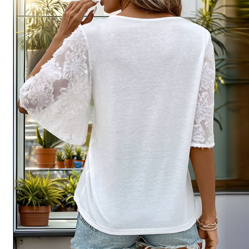 Damen elegantes V-Ausschnitt Blusenshirt mit floralen Spitzenärmeln EB