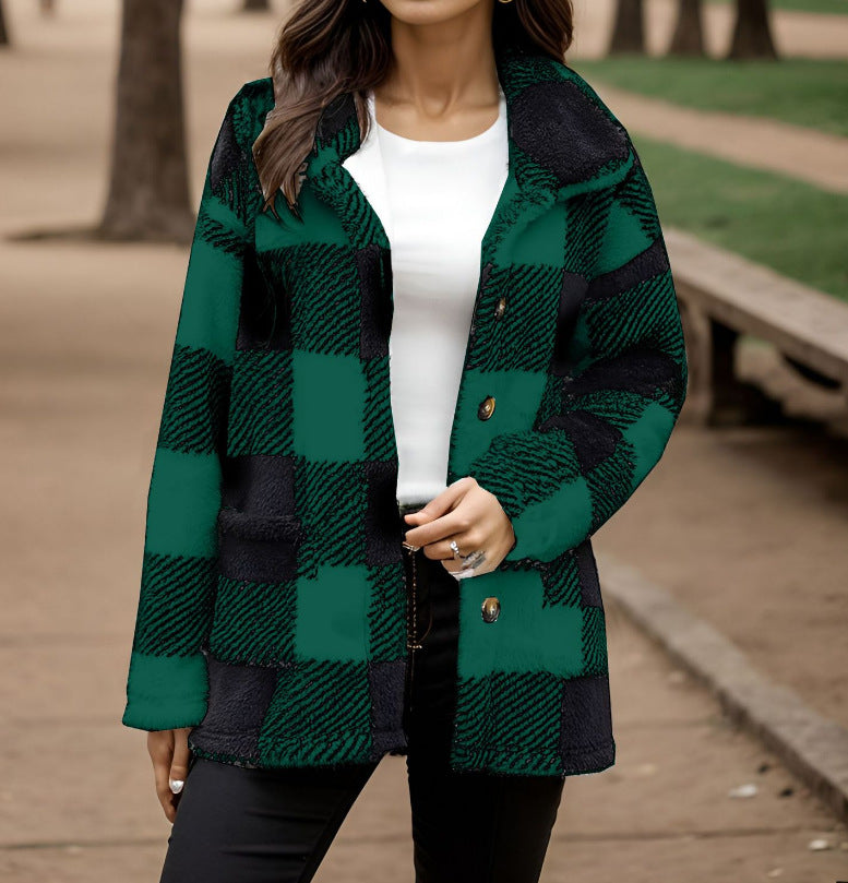 Damen Kuscheljacke mit Karomuster und Knopfverschluss EB