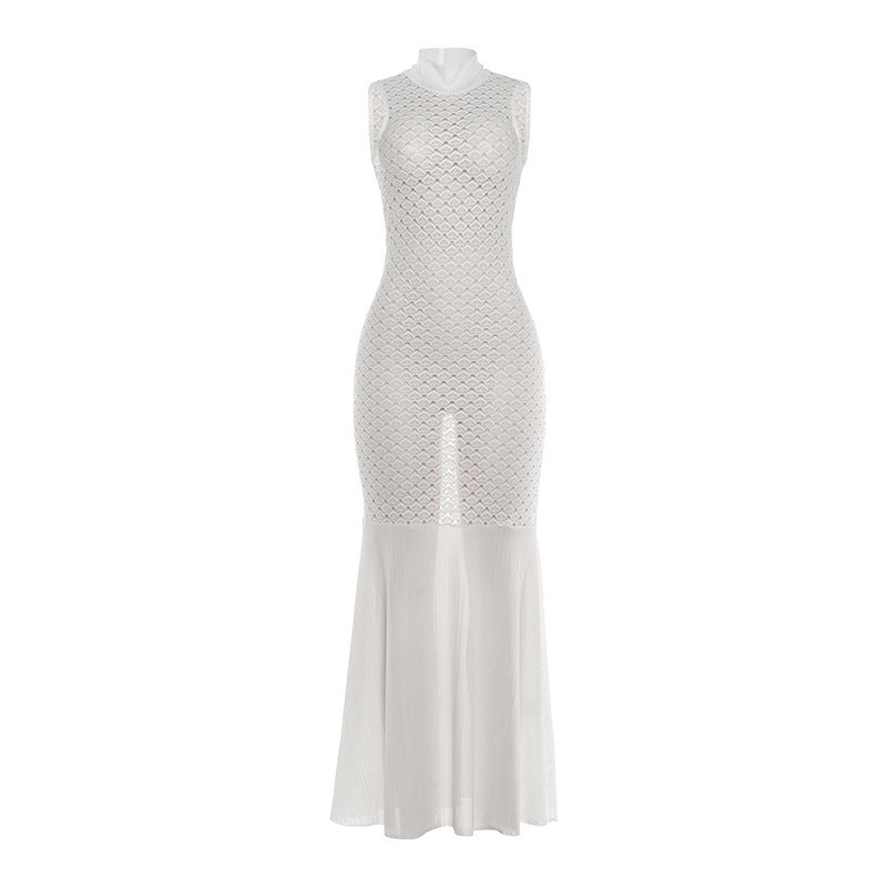 Damen Maxikleid mit transparentem Spitzenmuster und schickem Schlitz EB