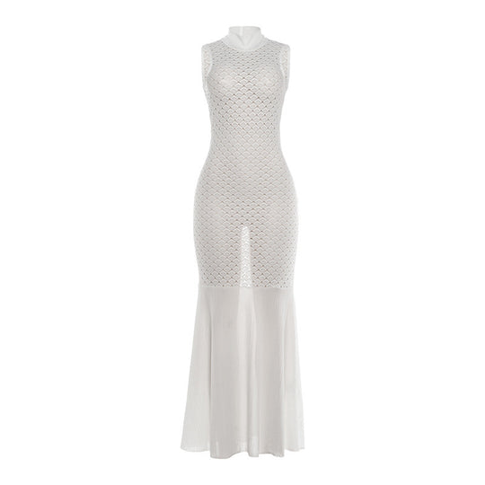 Damen Maxikleid mit transparentem Spitzenmuster und schickem Schlitz EB