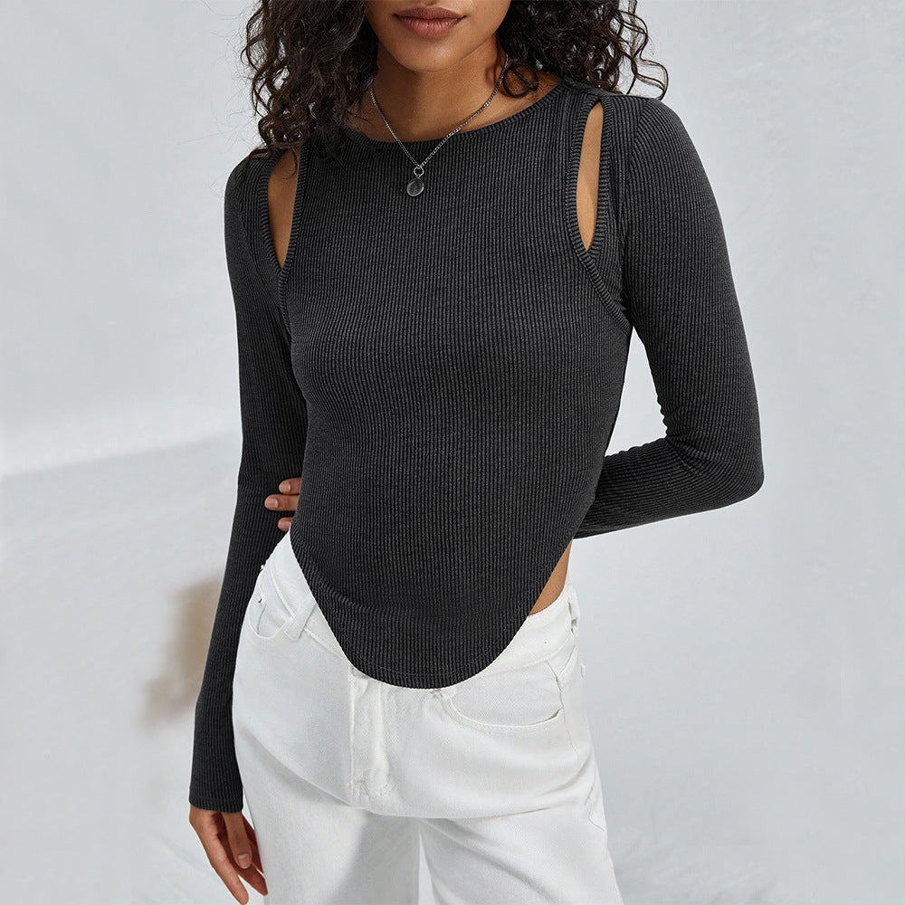 Damen geripptes Langarmshirt mit Cut-Out-Schultern und asymmetrischem Saum Eichborn Berlin