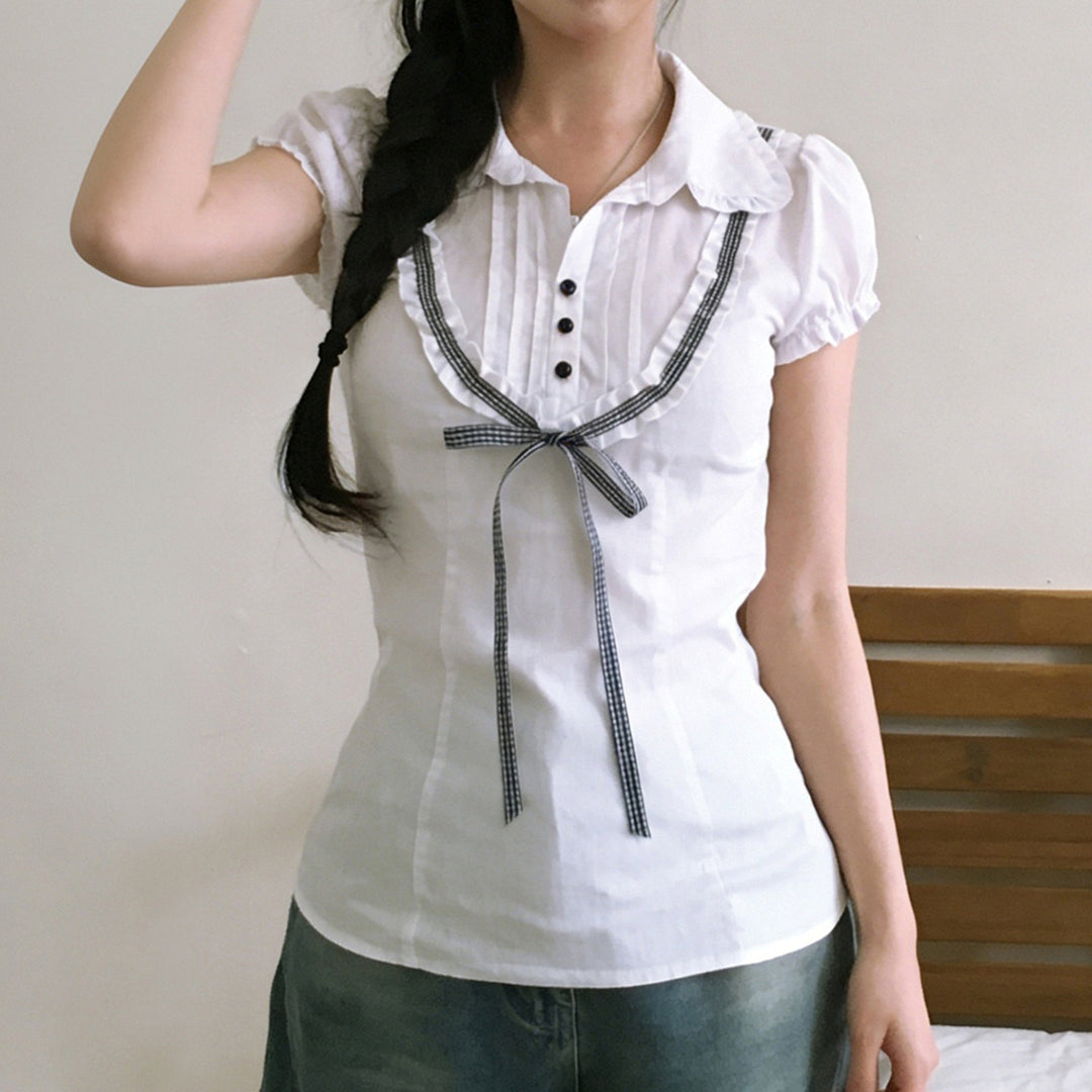Damenbluse mit Rüschendetails und kontrastierendem Halsband EB