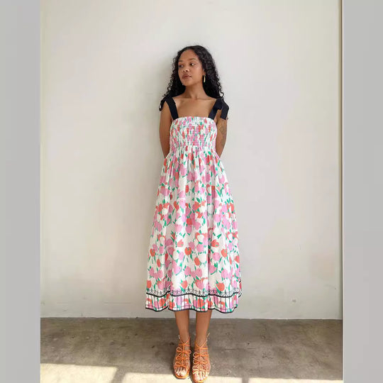 Damen Maxikleid mit floralem Print und elastischem Oberteil EB