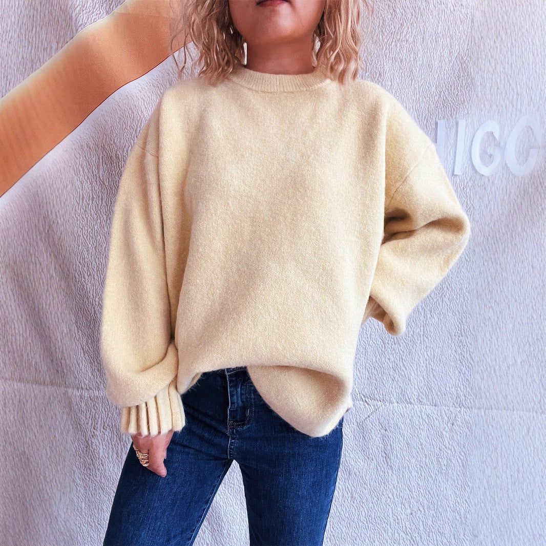 Damen lässiger Strickpullover mit weitem Rundhalsausschnitt und fluffiger Textur EB