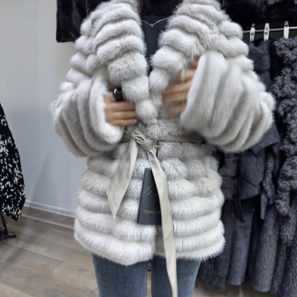 Damen Flauschiger Boucle-Cardigan mit Bindegürtel und weitem Schnitt EB