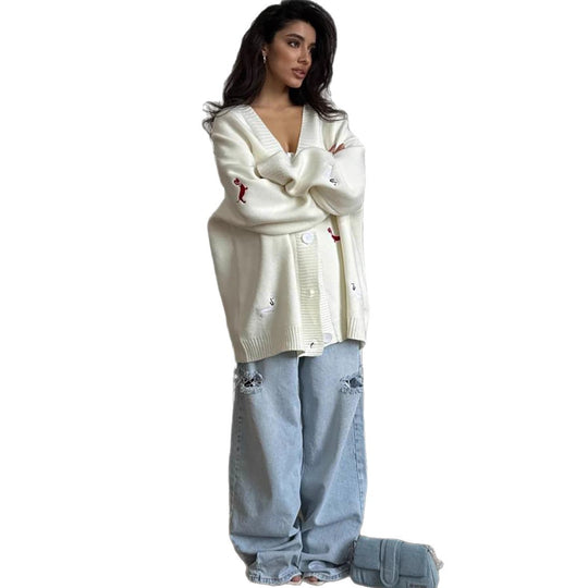 Damen Oversized Strickcardigan mit gestickten Dackelmotiven Eichborn Berlin