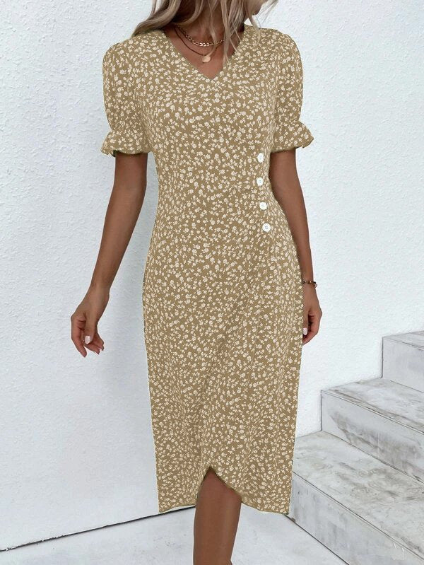 Damen Midikleid mit floralen Mustern und schmeichelndem V-Ausschnitt EB