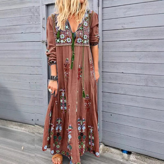 Damen nan besticktes Maxikleid mit langen Ärmeln, Quastenverschluss und folkloristischer Stickerei EB