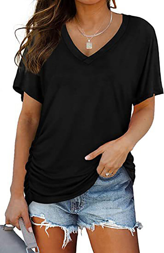 Damen V-Ausschnitt T-Shirt mit dekorativem Raffungseffekt EB