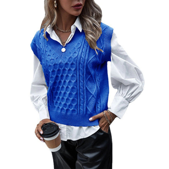Damen Strickpullover mit Zopfmuster und V-Ausschnitt EB