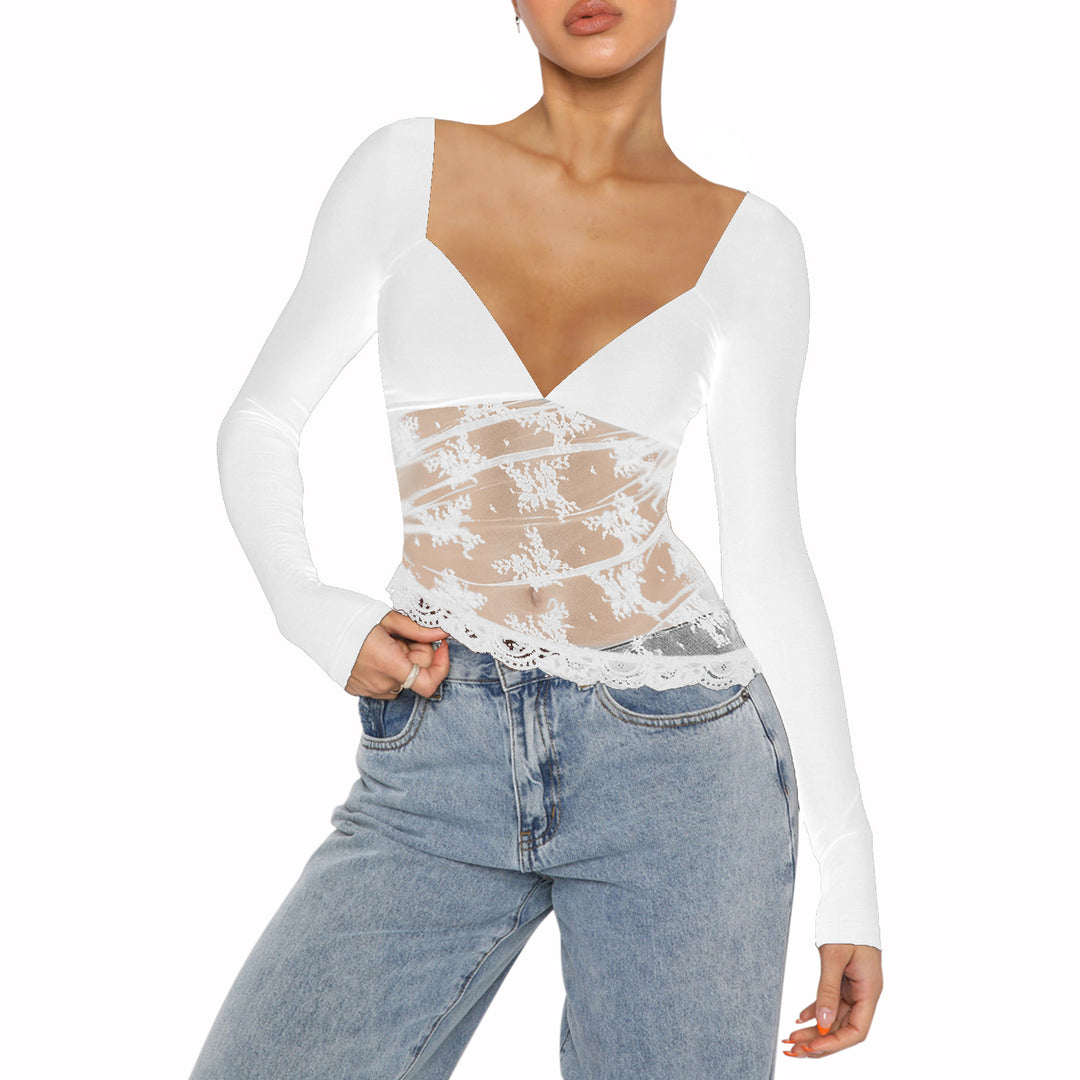 Damen Spitzenbluse mit tiefem V-Ausschnitt und langärmligem Design EB