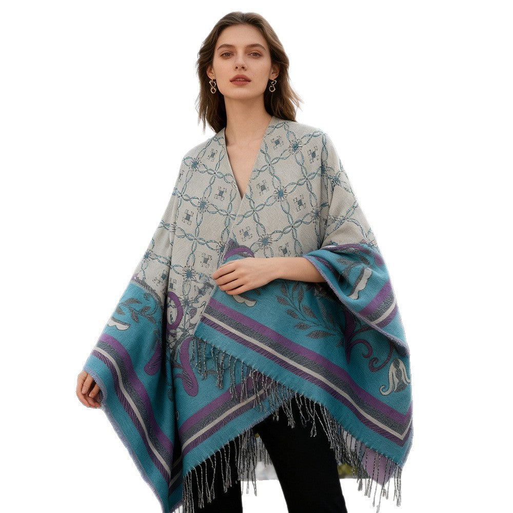Damen Leichter Jacquard-Überwurf im Kaftan-Stil mit Zierfransen EB
