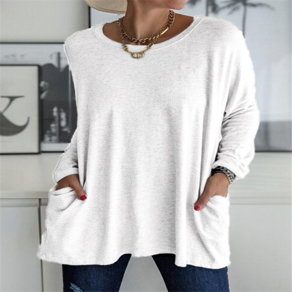 Damen nan oversized Longsleeve-Tunika mit Rundhalsausschnitt, überschnittener Schulter und aufgesetzten Taschen EB
