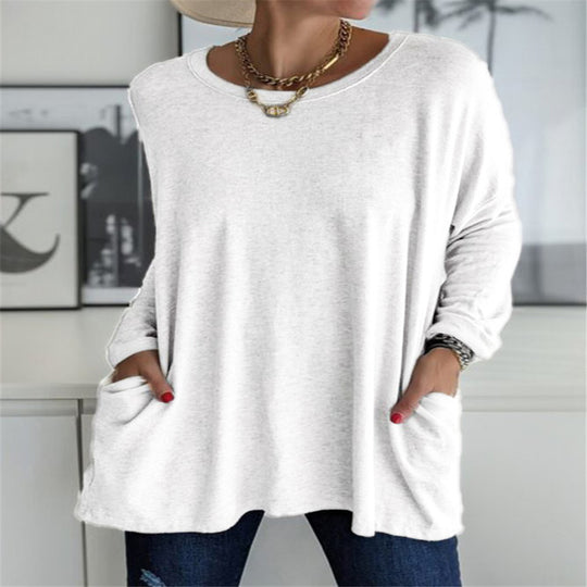 Damen nan oversized Longsleeve-Tunika mit Rundhalsausschnitt, überschnittener Schulter und aufgesetzten Taschen EB