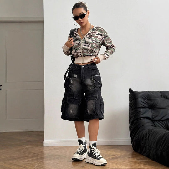 Damen Cargojacke im trendigen Camouflage-Design mit Kapuze und elastischem Bund EB