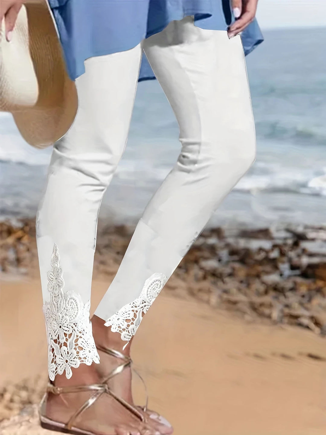 Damen Leggings mit spitzenbesetztem Saum und elastischem Bund EB