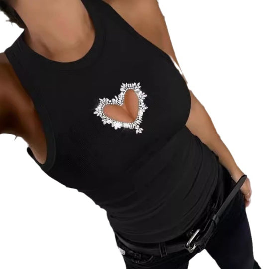 Damen Sportliches Top mit Herz-Ausschnitt und Strassapplikationen EB