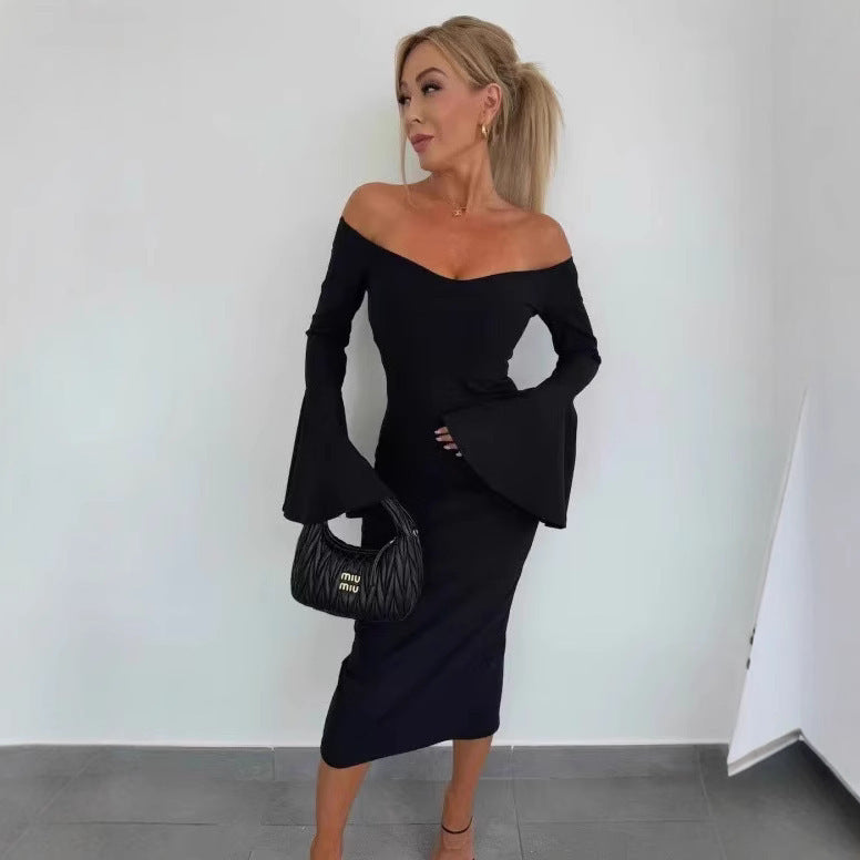 Damen Elegantes Langarmkleid mit weiten Ärmeln und Schlitz EB