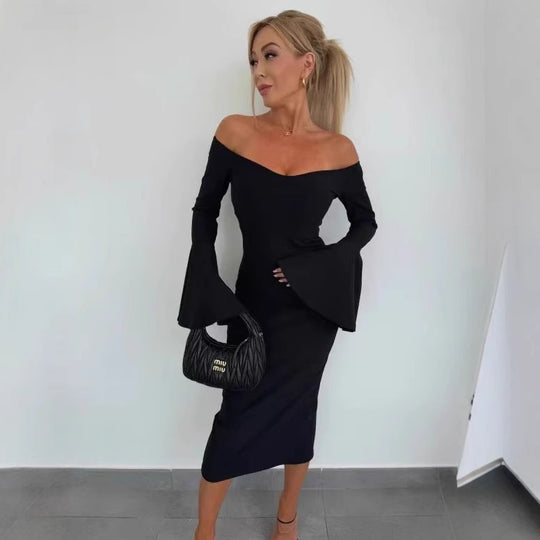 Damen Elegantes Langarmkleid mit weiten Ärmeln und Schlitz EB