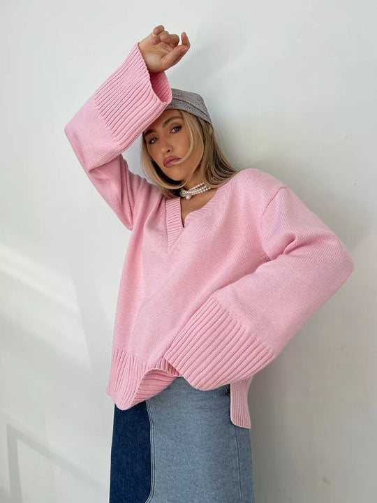 Damen nan oversized Feinstrickpullover mit tiefem V-Ausschnitt, gerippten Bündchen und lockerer Silhouette EB