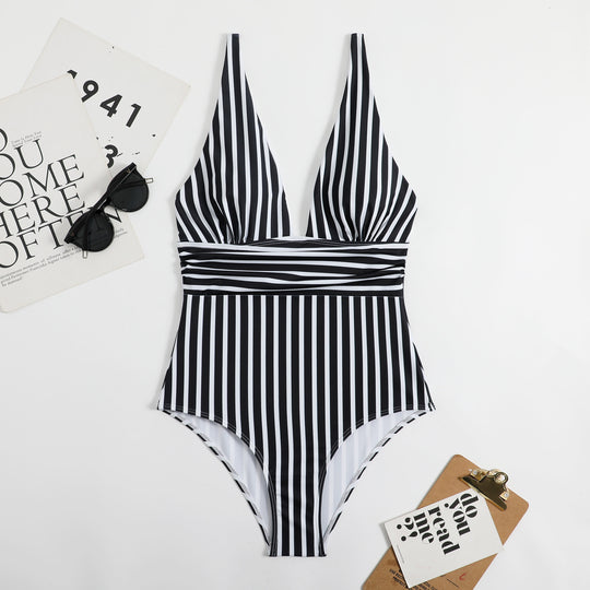 Damen Eleganter V-Ausschnitt Einteiler mit gestreiftem Design EB