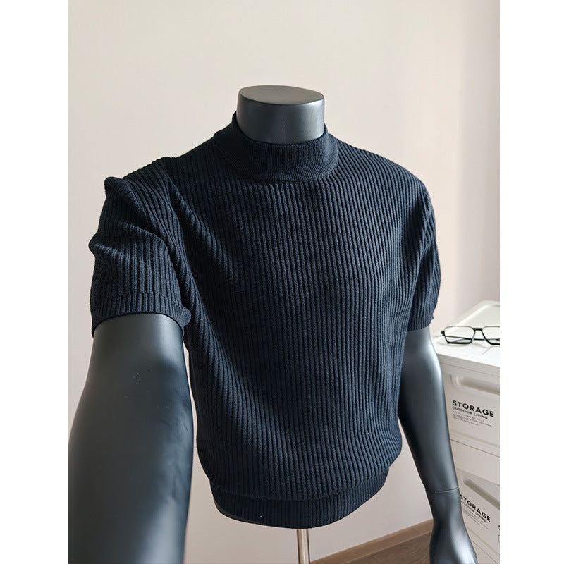 Herren nan kurzärmeliges Rippstrick-Shirt mit Stehkragen und schmaler Passform EB