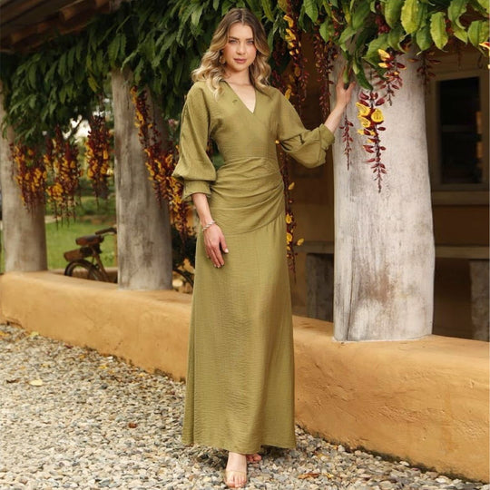 Damen Maxikleid mit gekräuseltem Wrap-Design und voluminösen Ärmeln EB