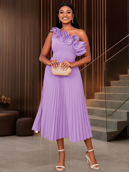 Damen Midi-Kleid mit schulterfreiem Design und voluminösen Rüschen EB