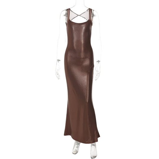 Damen Elegantes Maxikleid mit verführerischem Kreuzträger und schimmerndem Obermaterial EB