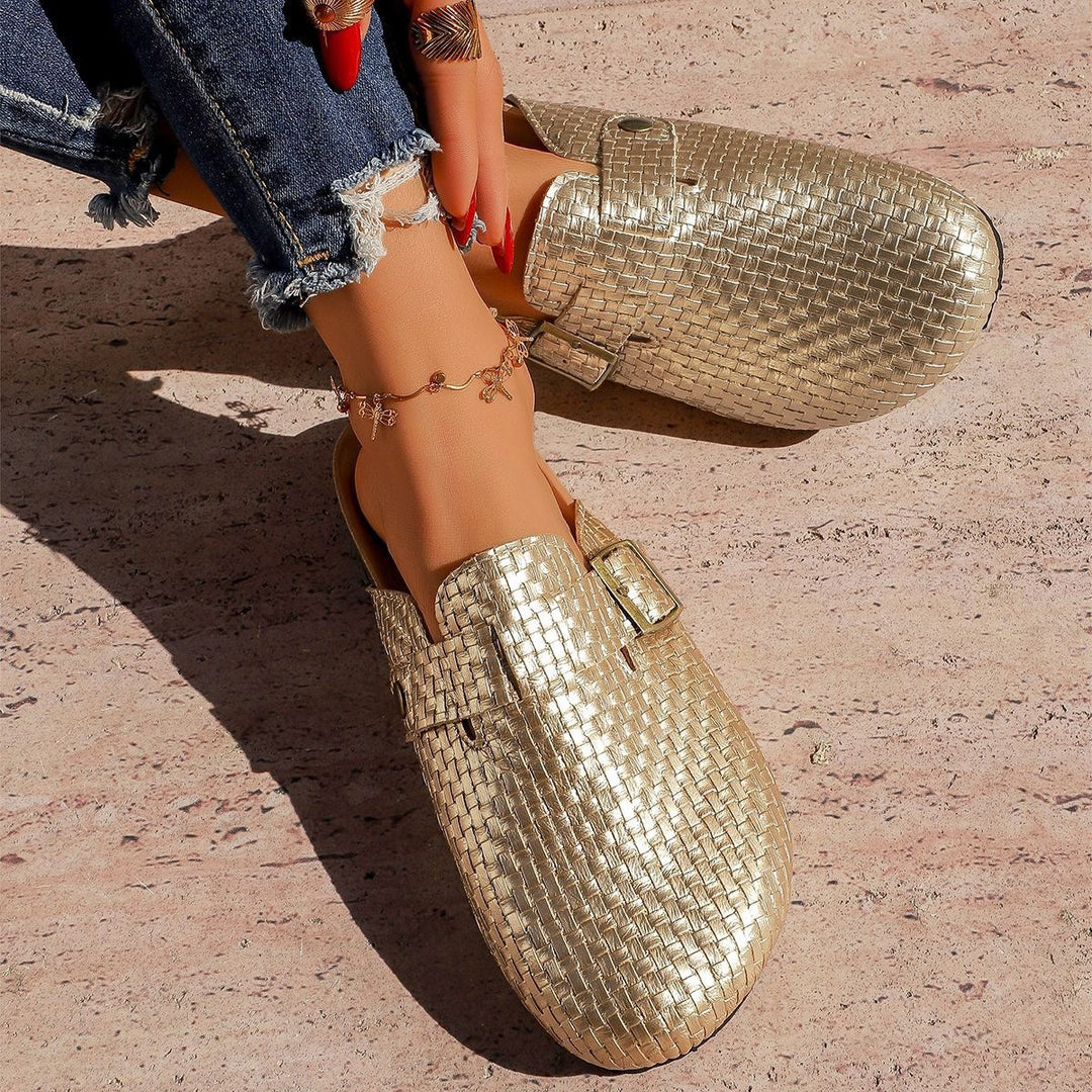 Damen Leder Clogs mit modischem Flechtmuster und verstellbarem Riemen EB