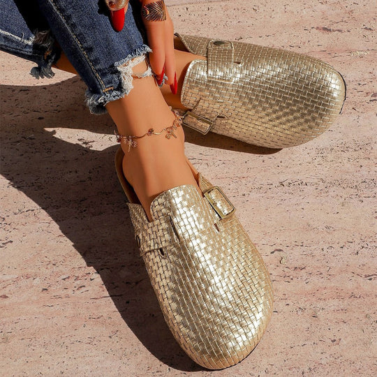 Damen Leder Clogs mit modischem Flechtmuster und verstellbarem Riemen EB